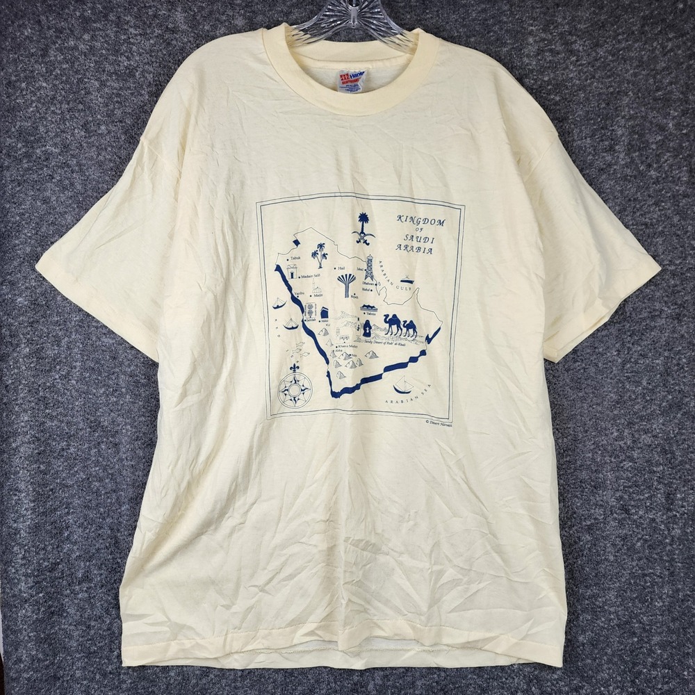 Hanes T-Shirt Mens XL Yellow Vintage Saudi Arabia Map Single Stitch 90s USA